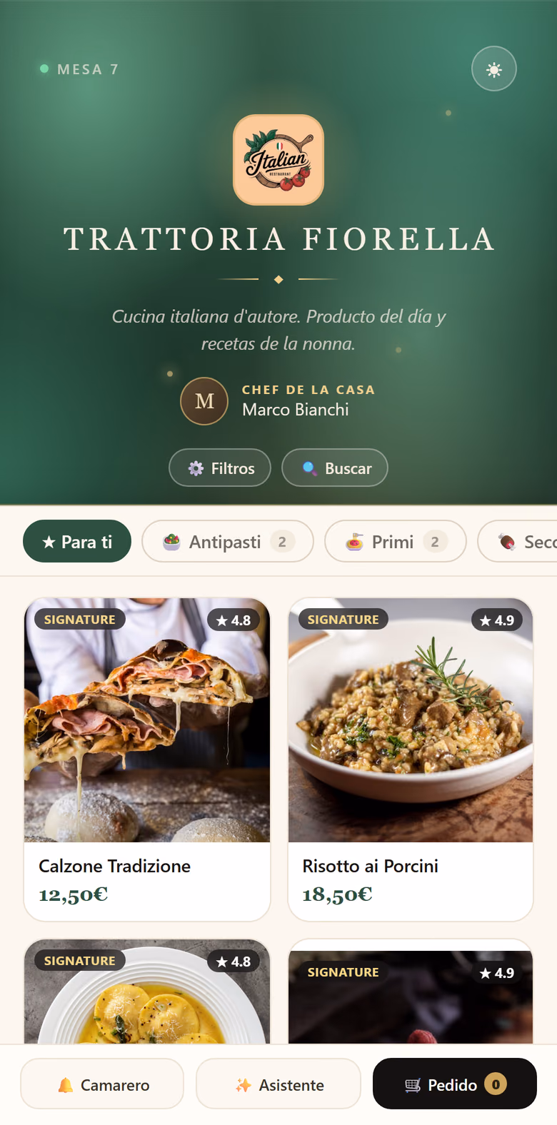 La carta de Trattoria Fiorella en un móvil: cabecera del restaurante y platos con foto, precio y valoración